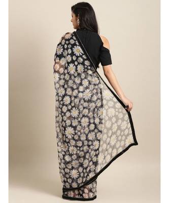 Black & White Organza Digital Floral Print Saree 2
