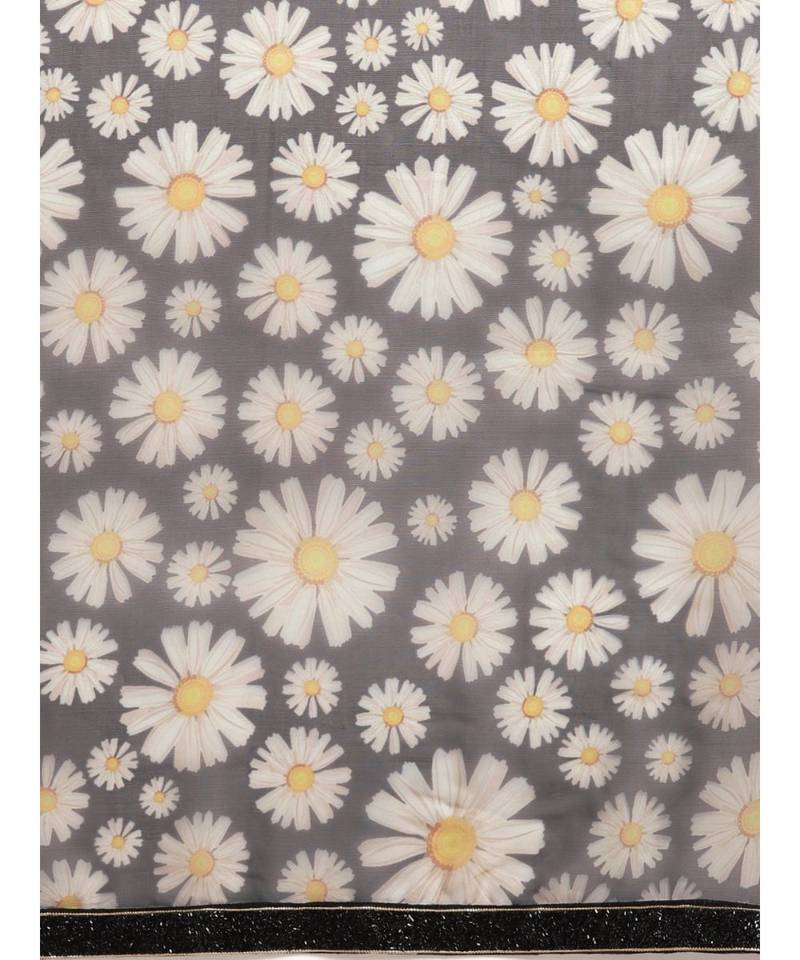 Black & White Organza Digital Floral Print Saree