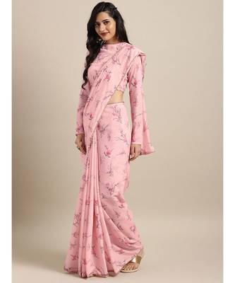 Pink Silk Blend Digital Floral Print Saree 1