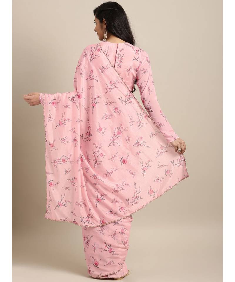 Pink Silk Blend Digital Floral Print Saree