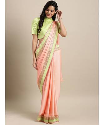 Peach Satin Embroidered Lace Bordered Saree 1