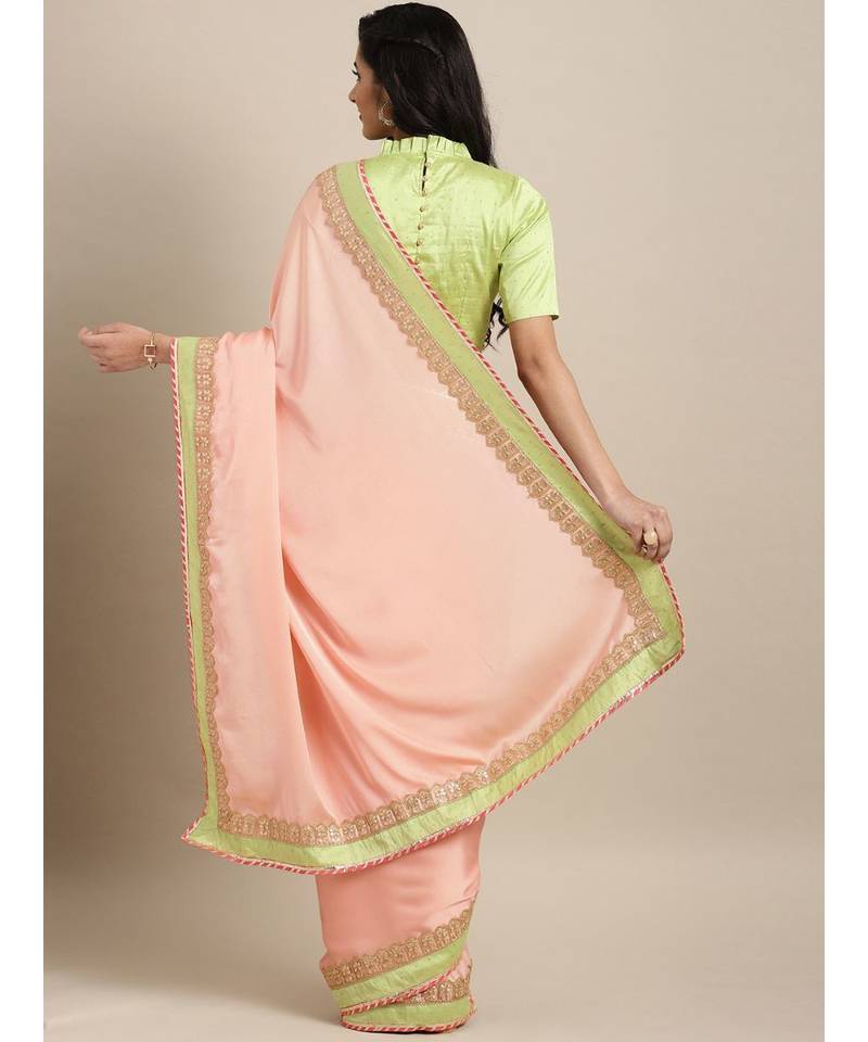 Peach Satin Embroidered Lace Bordered Saree