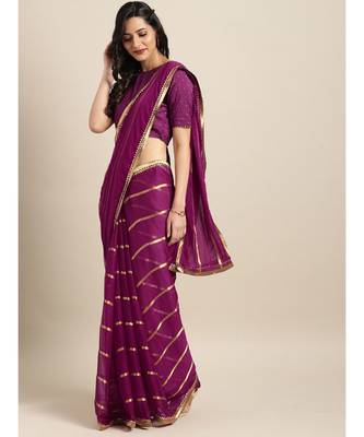 Purple Viscose Chiffon Woven Lace Bordered Saree 1