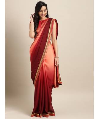 Peach & Maroon Silk Blend Solid Embroidered Lace Bordered Saree 1