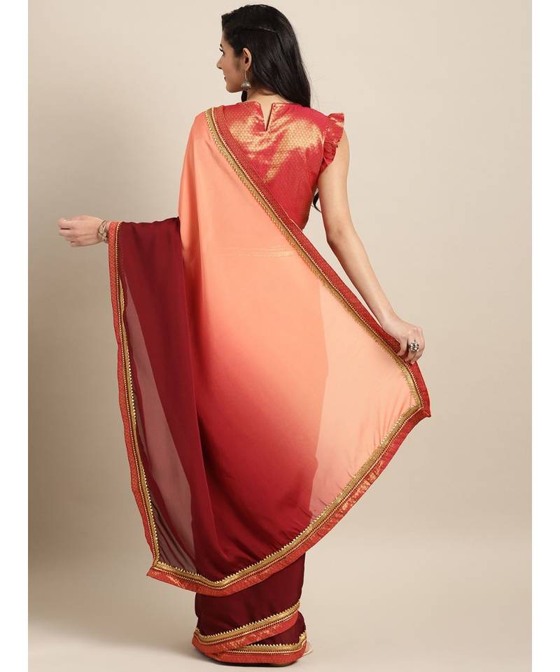 Peach & Maroon Silk Blend Solid Embroidered Lace Bordered Saree