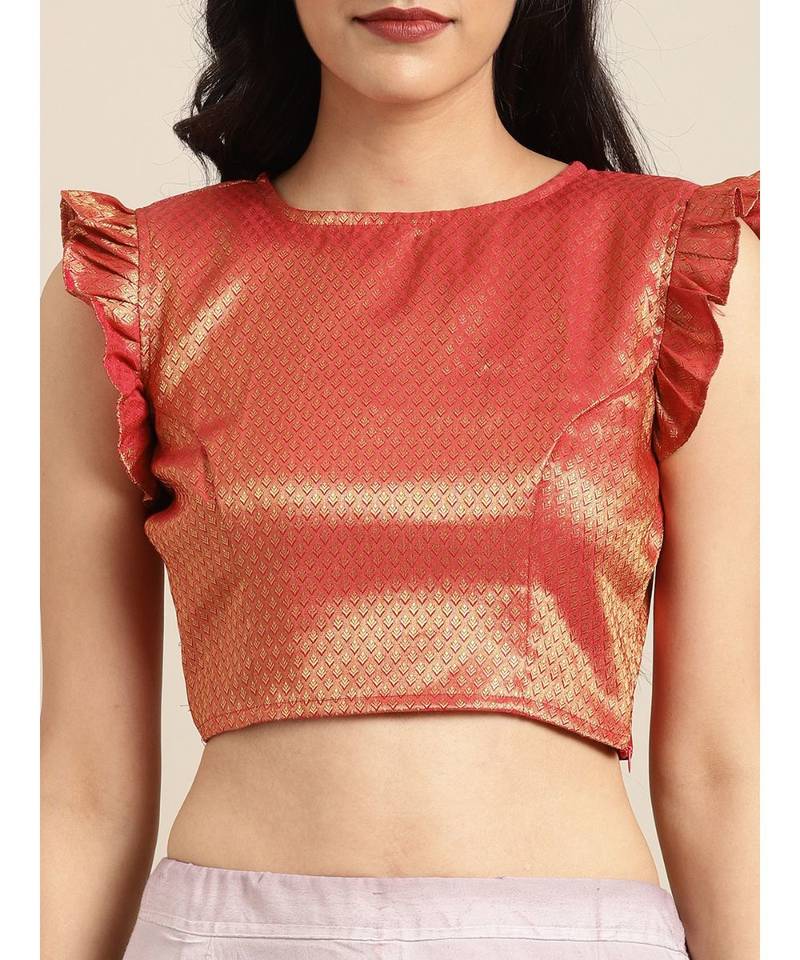 Peach & Maroon Silk Blend Solid Embroidered Lace Bordered Saree