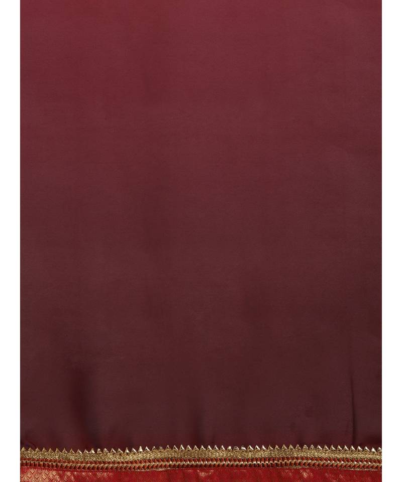 Peach & Maroon Silk Blend Solid Embroidered Lace Bordered Saree