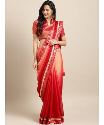 Orange & Red Silk Blend Lace Bordered Saree 1