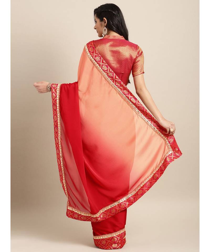 Orange & Red Silk Blend Lace Bordered Saree