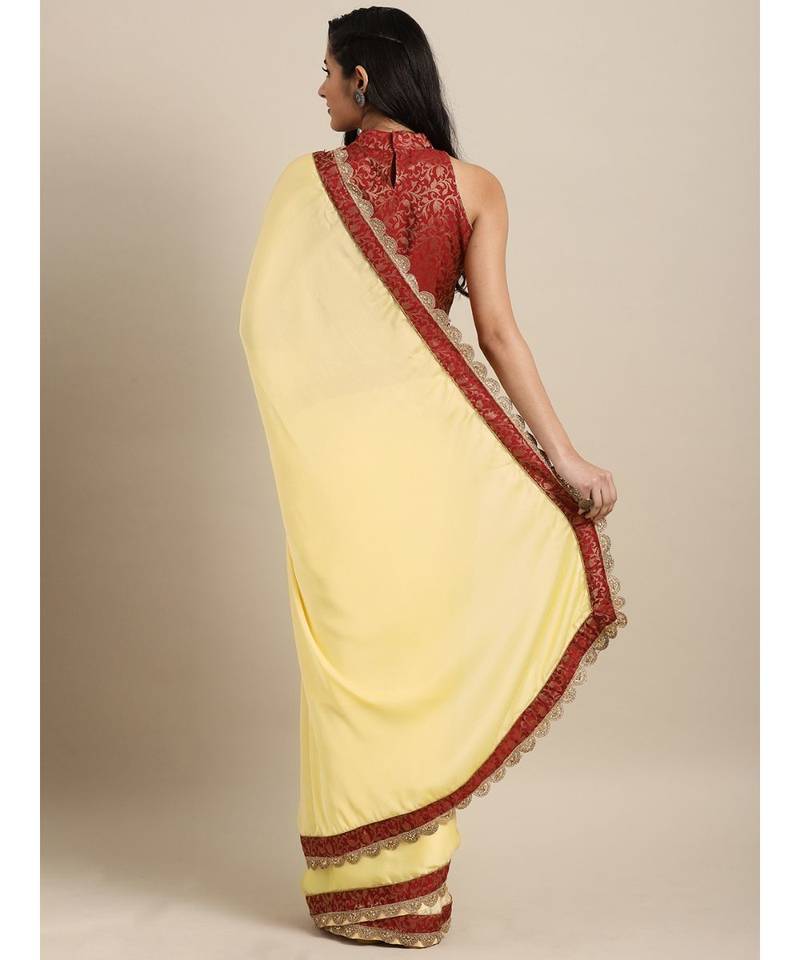 Yellow Satin Embroidered Lace Bordered Saree