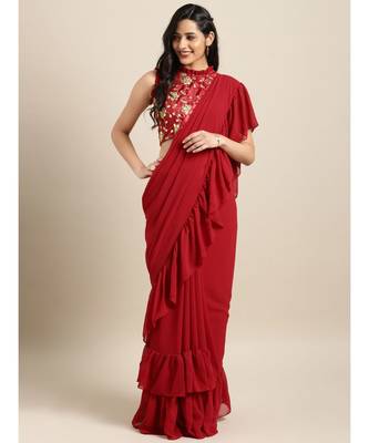 Maroon Georgette Solid Ruffle Saree 1