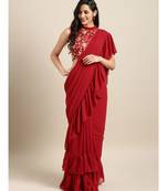 Maroon Georgette Solid Ruffle Saree