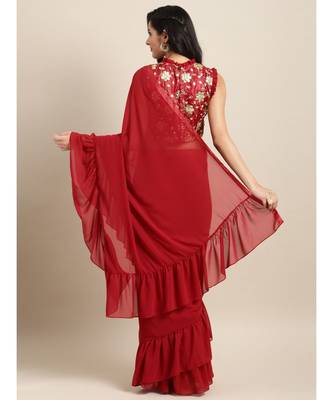 Maroon Georgette Solid Ruffle Saree 2