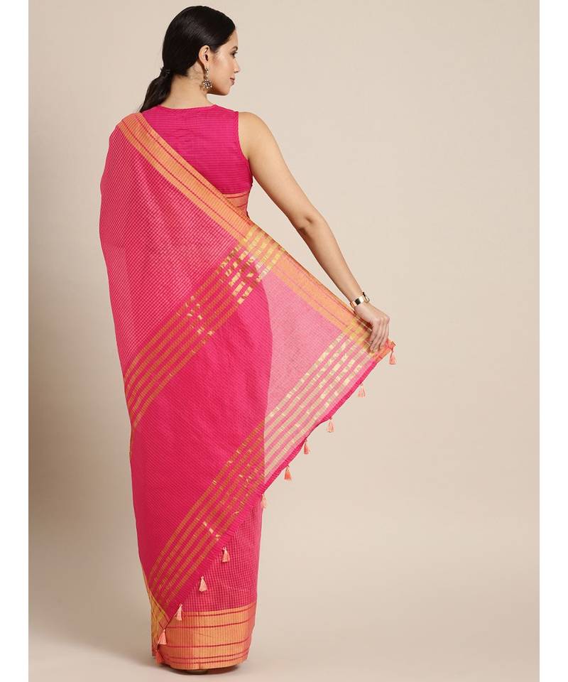 Pink Cotton Blend Checks Saree