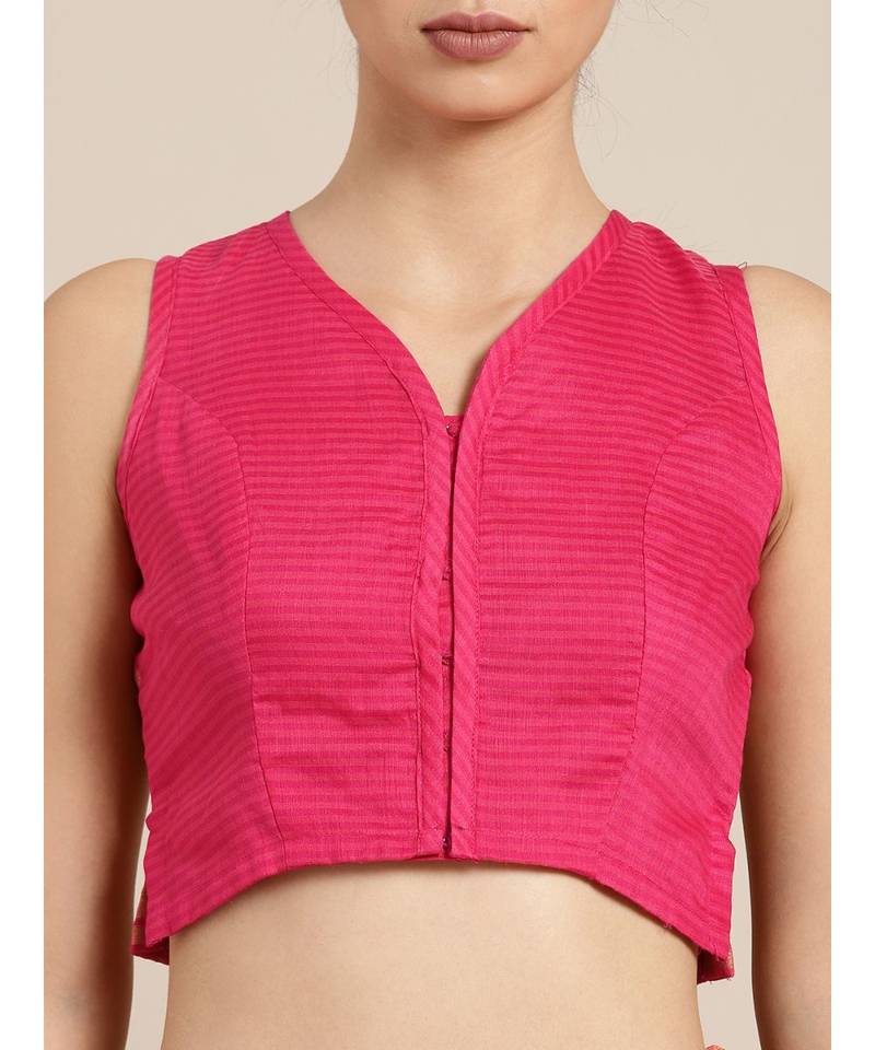 Pink Cotton Blend Checks Saree