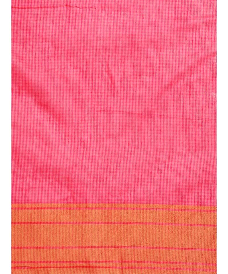 Pink Cotton Blend Checks Saree