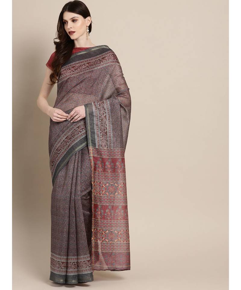 Black & Beige Chanderi Cotton Printed Saree