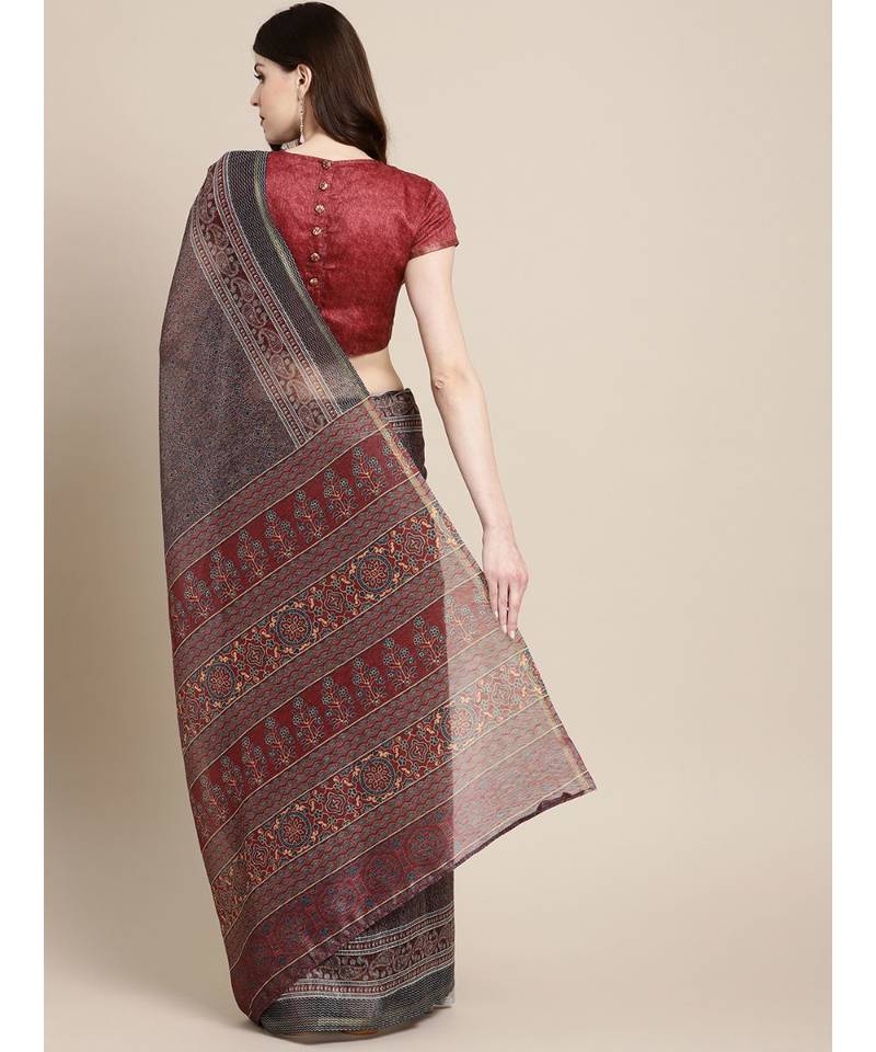 Black & Beige Chanderi Cotton Printed Saree