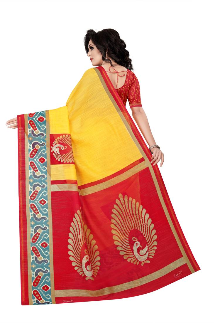Women Yellow Cotton Blend Saree With UnStiched Blouse