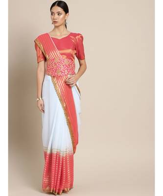 Red & Blue Viscose Georgette Shaded With Embroidered Belt Saree 1