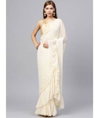 Cream Chiffon Embellished Saree 1