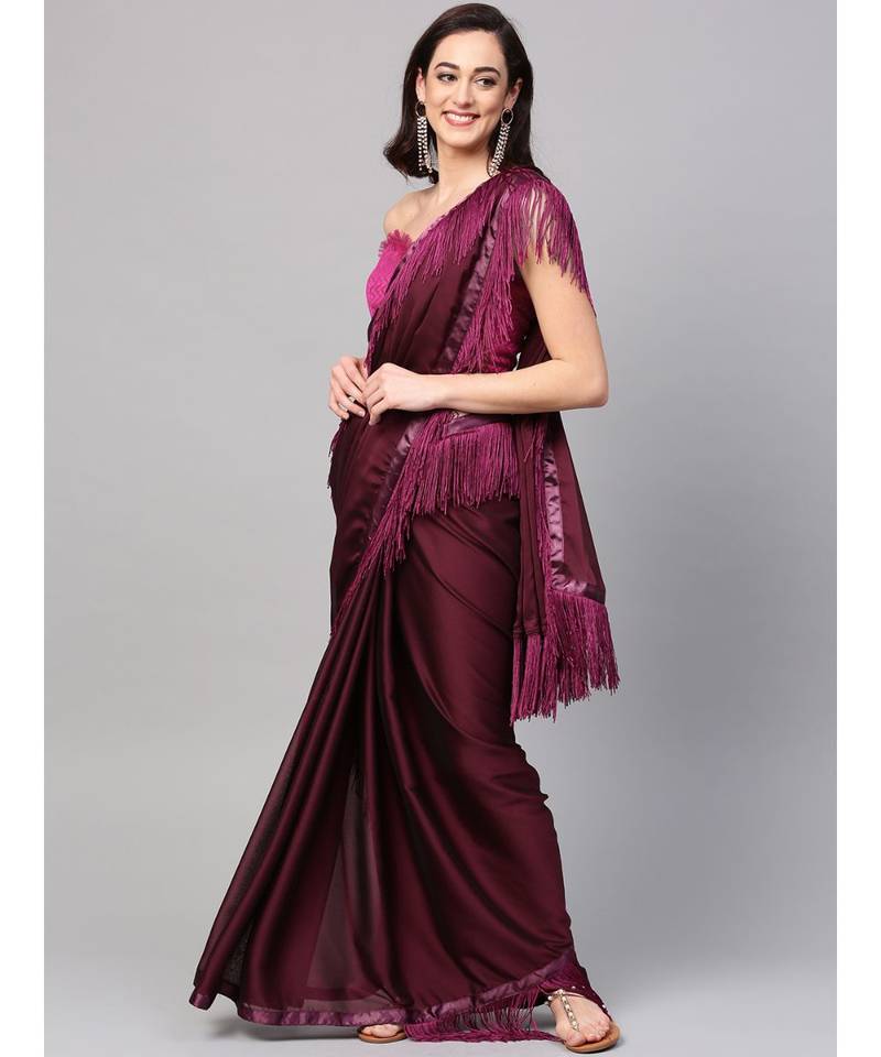 Wine Art Silk Finges Lace Bordered Saree