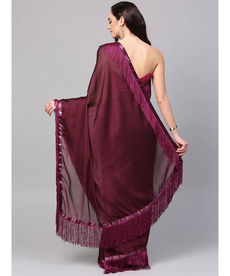 Wine Art Silk Finges Lace Bordered Saree