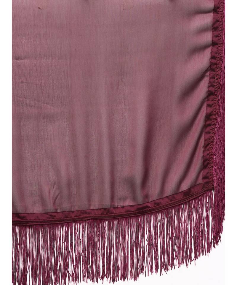 Wine Art Silk Finges Lace Bordered Saree