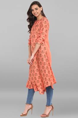 Janasya Women's Peach Poly Silk Kurta 3