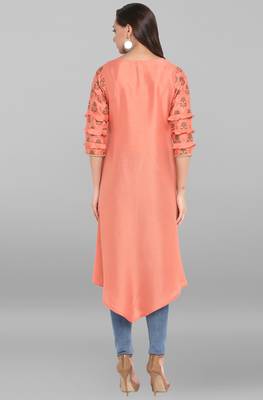 Janasya Women's Peach Poly Silk Kurta 5