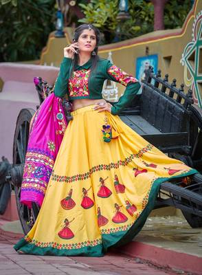 Yellow Embroidered Cotton Semi Stitched wedding lehenga 2