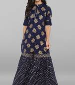 Janasya Women's Navy Blue Rayon Kurti With Sharara
