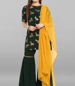 Women's Dark Green Crepe Kurti With Sharara And Dupatta