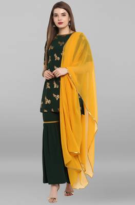 Women's Dark Green Crepe Kurti With Sharara And Dupatta 2