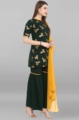 Women's Dark Green Crepe Kurti With Sharara And Dupatta 4