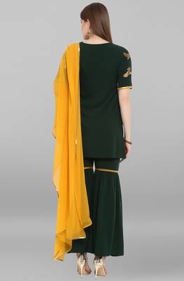 Women's Dark Green Crepe Kurti With Sharara And Dupatta 5