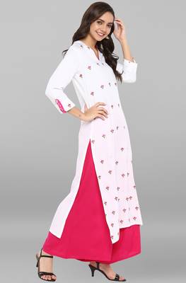Janasya Women's White Rayon Kurta With Palazzo 4