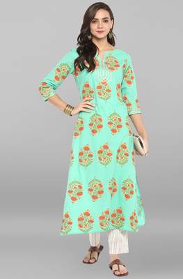 Janasya Women's Sea Green Cotton Kurta With Pant 1