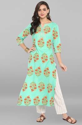 Janasya Women's Sea Green Cotton Kurta With Pant 2