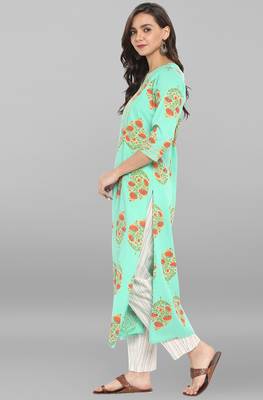 Janasya Women's Sea Green Cotton Kurta With Pant 3