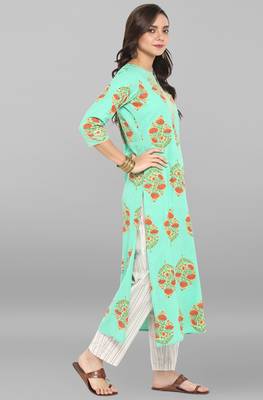 Janasya Women's Sea Green Cotton Kurta With Pant 4
