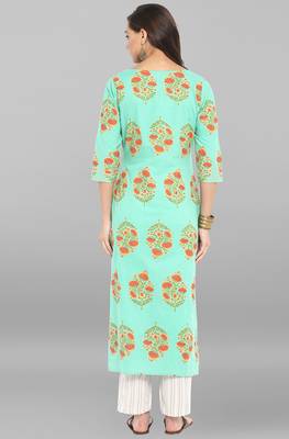 Janasya Women's Sea Green Cotton Kurta With Pant 5