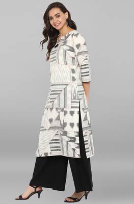 Janasya Women's Off White Cotton Kurta With Palazzo 3