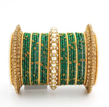 Green Beaded and Stone Encrusted Bangles and Kada Set 2