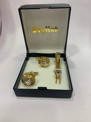 Cufflinks yellow color and white diamond matching tie pin for men 2