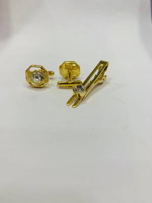Cufflinks yellow color and white diamond matching tie pin for men 3