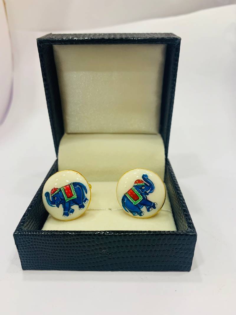 Cufflinks Blue color elephant pattern  and matching tie pin for men