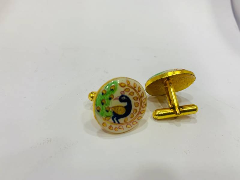 Cufflinks yellow color peacock pattern and matching tie pin for men