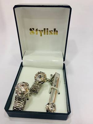 Cufflinks Silver Diamond color and matching tie pin for men 2