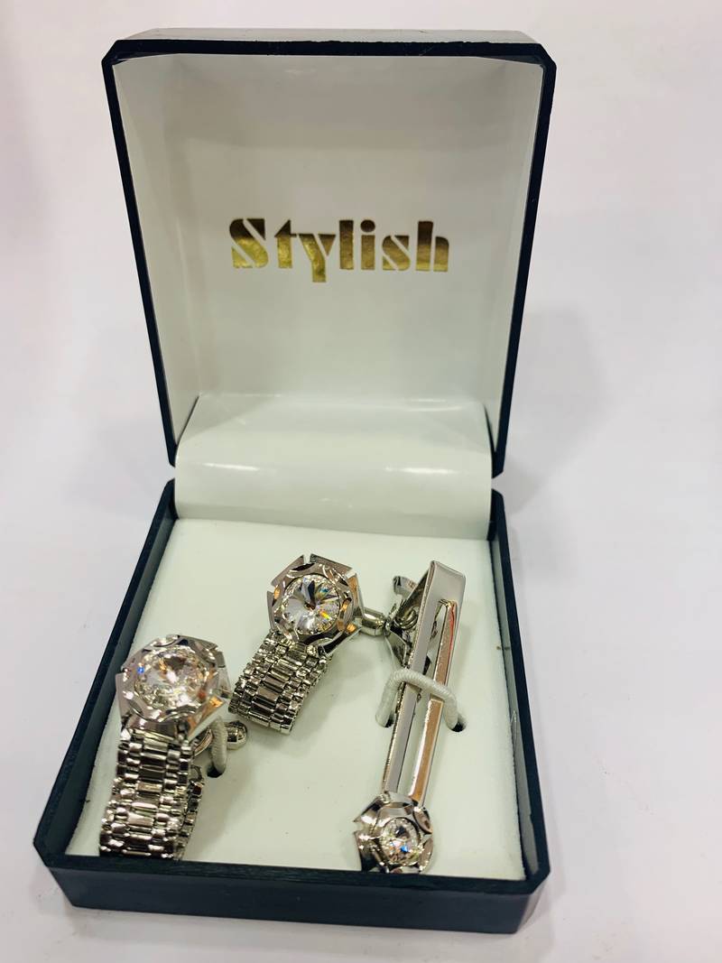 Cufflinks Silver Diamond color and matching tie pin for men